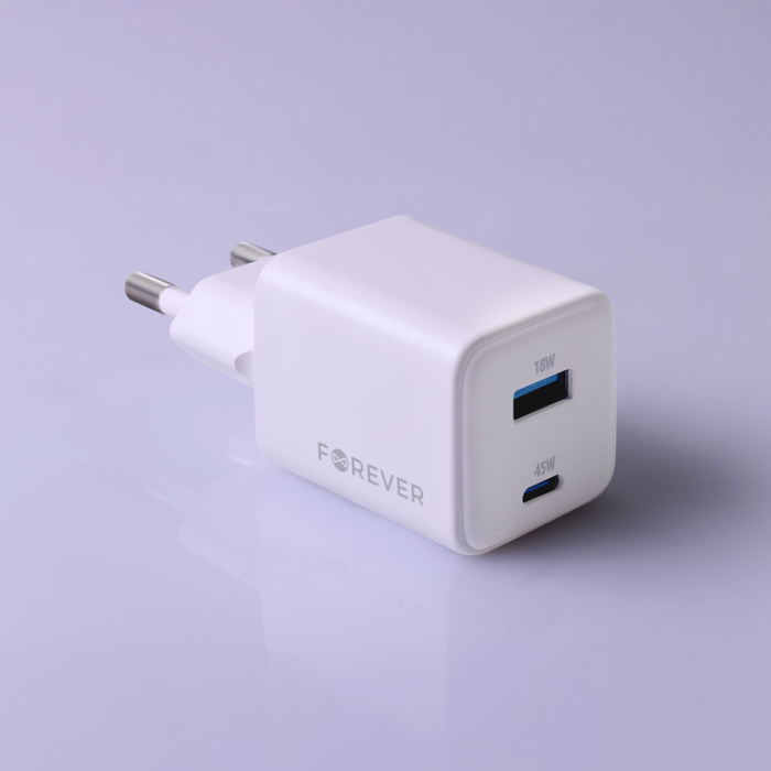 Forever - Forever Snabbladdare USB-A - USB-C 45W GaN PD QC - Vit