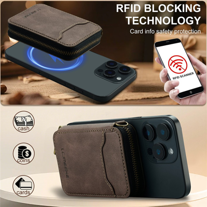 LC.imeeke - LC.IMEEKE Magsafe Korthållare L6 Zipper RFID Blocking - Coffee