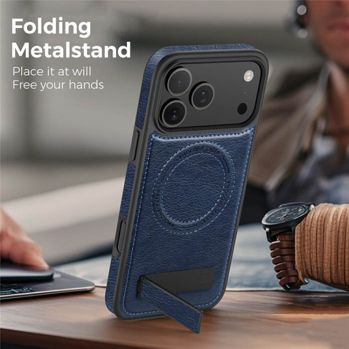 A-One Brand - iPhone 17 Pro Mobilskal MagSafe Kickstand Läder - Sapphire