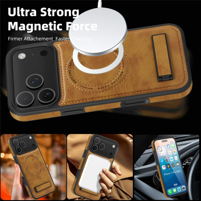 A-One Brand - iPhone 17 Pro Max Mobilskal MagSafe Kickstand Läder - Brun