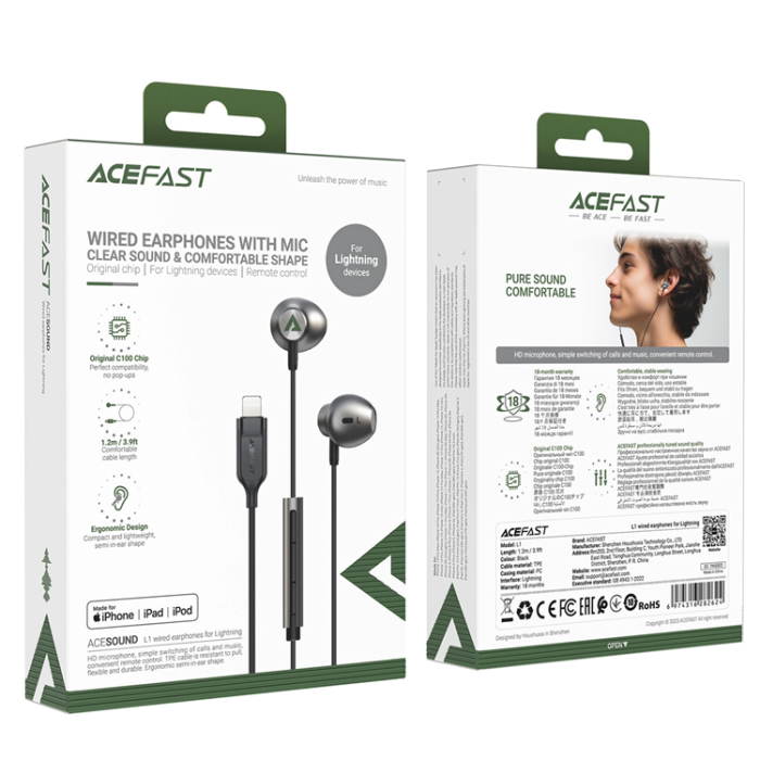 Acefast - Acefast In-Ear Lightning Hörlurar 1.2m - Svart