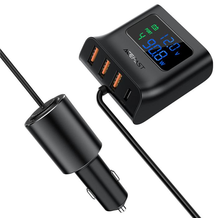 Acefast - Acefast Billaddare 90W 3x USB Till USB-C Cigarettändare - Svart