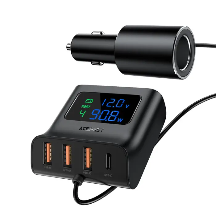 Acefast - Acefast Billaddare 90W 3x USB Till USB-C Cigarettändare - Svart