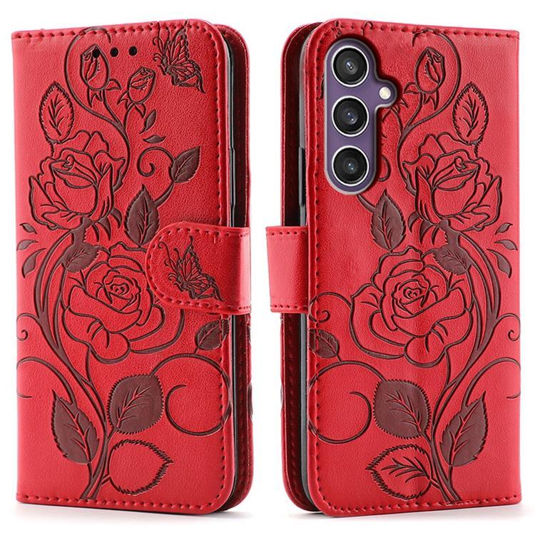 Galaxy S25 Konstläder Plånboksfodral Imprinted Rosa Butterfly (Röd) | 2353 | AlltMobil