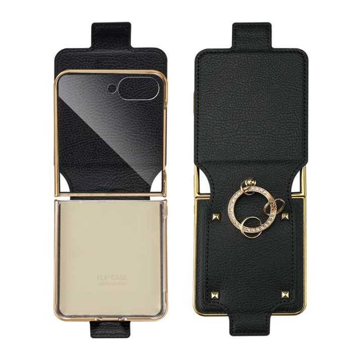 A-One Brand - Galaxy Z Flip 7 Mobilskal PU + PC med fingerhållare - Svart