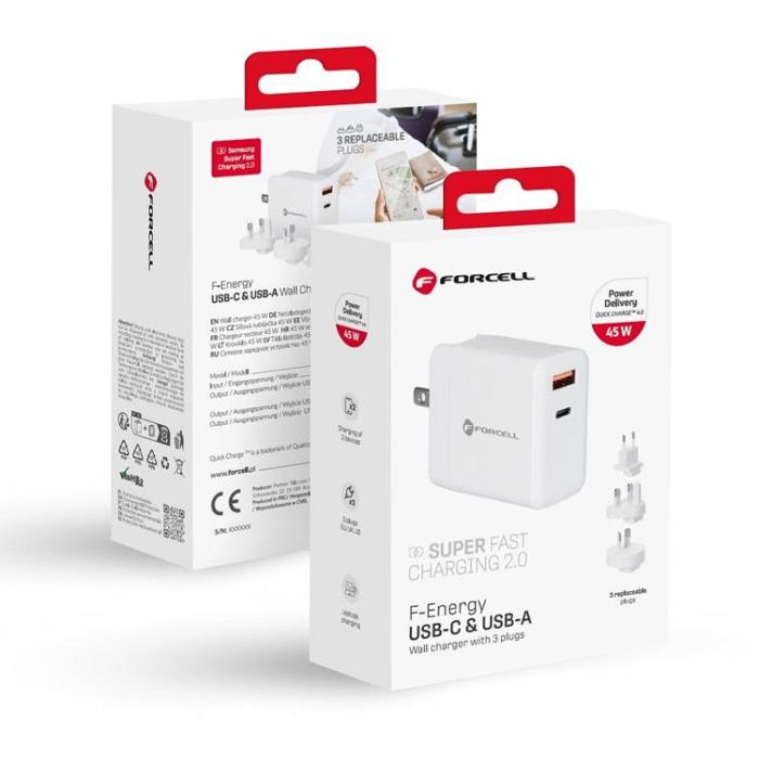 Forcell - Forcell F-Energy 3in1 Väggladdare 45W USB-C/USB-A med utbytbara pluggar
