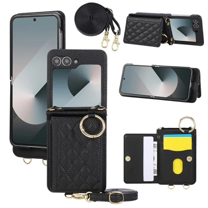 A-One Brand - Galaxy Z Flip 7 FE / Z Flip 6 Mobilskal Korthållare Kickstand Rhombus - Svart