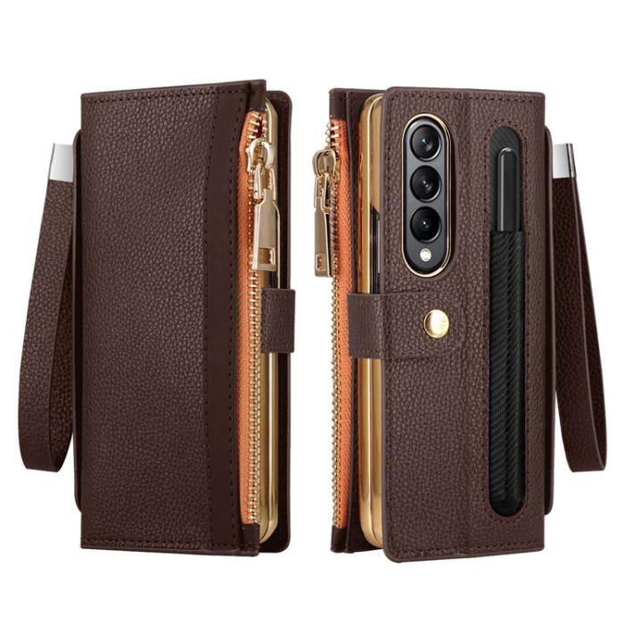 A-One Brand - Galaxy Z Fold 4 Plånboksfodral RFID Zipper - Brun