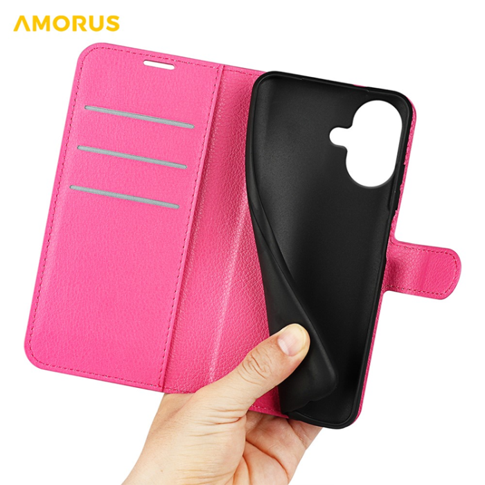 Amorus - AMORUS iPhone 17 Plånboksfodral Flipstativ Litchi - Rose