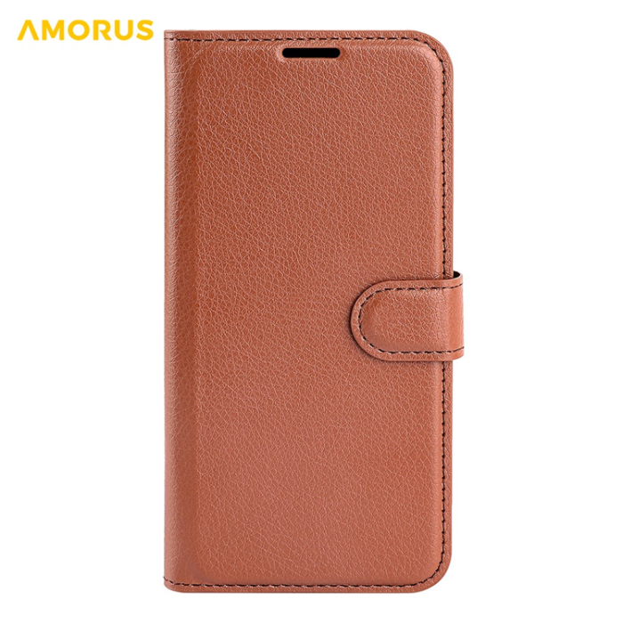 Amorus - AMORUS iPhone 17 Plånboksfodral Flipstativ Litchi - Brun
