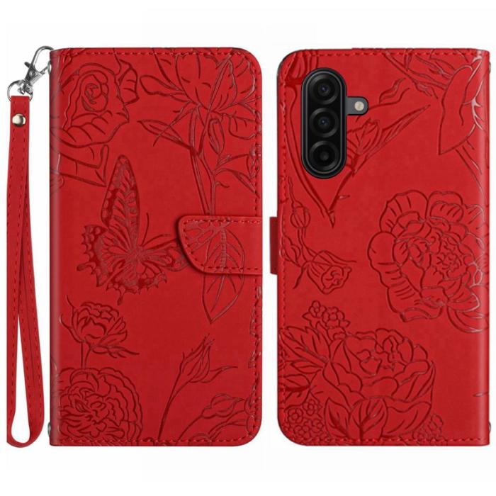 OEM - Samsung Galaxy S26 Skal PU Läder Med Handledsrem Fjäril Blommor - Röd