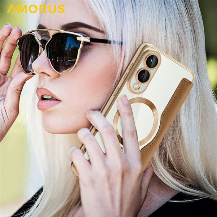 Amorus - Amorus Galaxy S25 Edge Plånboksfodral Magsafe RFID - Brun
