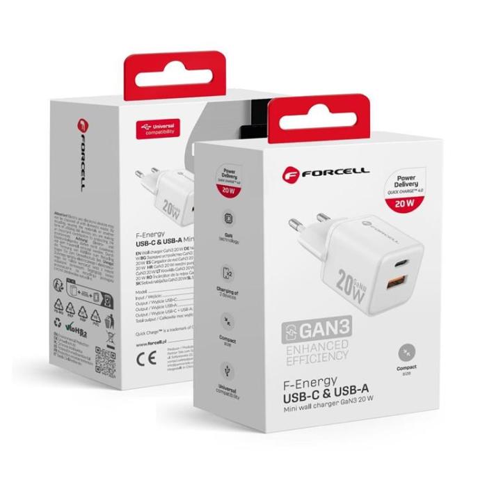 Forcell - Forcell Mini Snabbladdare 20W USB-C/USB-A GaN III QC4.0 PD