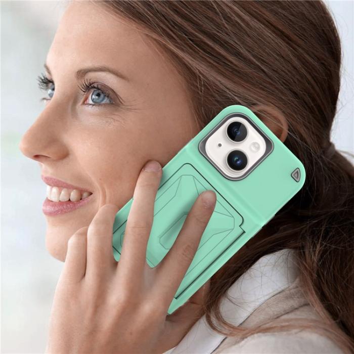OEM - iPhone 14 Plus Skal Korthållare Mirror Kickstand - Grön