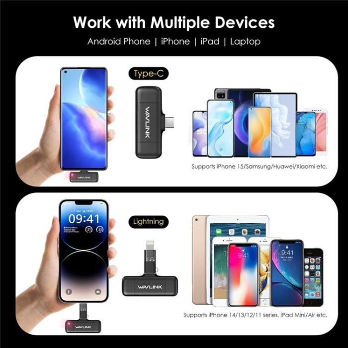 WAVLINK - WAVLINK Trådlös Lavaliermikrofon för iPhone 16-12 WS-WAJ606C1 - Svart