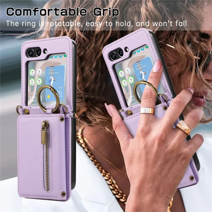 A-One Brand - Galaxy Z Flip7 Plånboksfodral Zipper Kickstand med Axelrem - Lila