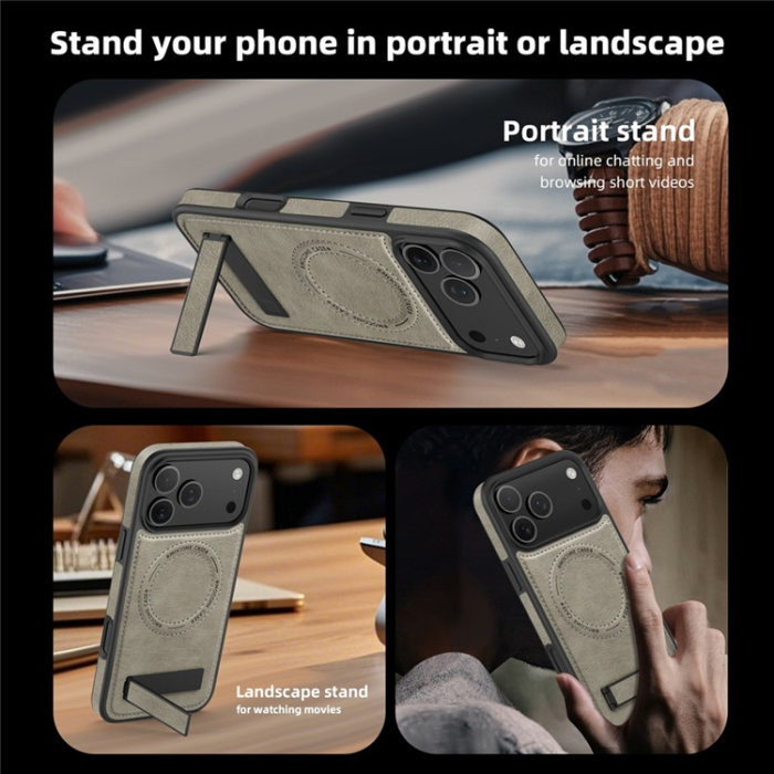 A-One Brand - iPhone 17 Pro Max Mobilskal MagSafe Kickstand Läder - Titan Grå