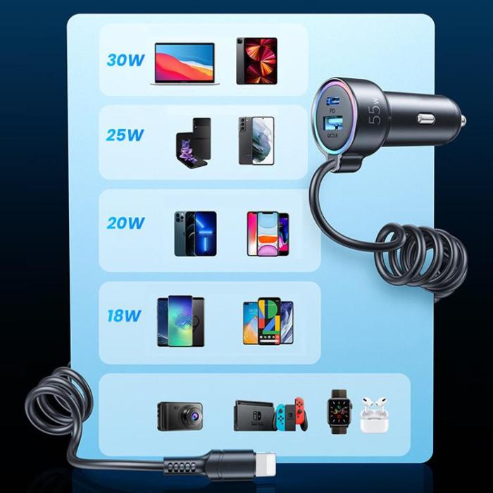 Joyroom - Joyroom 3-i-1 Snabb Billaddare 45W med USB-C Kabel 1.5m - Svart