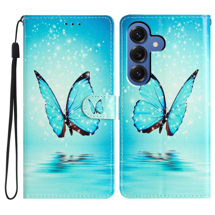OEM - Samsung Galaxy S26 Plus Plånboksfodral Konstläder Mönstertryck Ställ Blå Fjäril