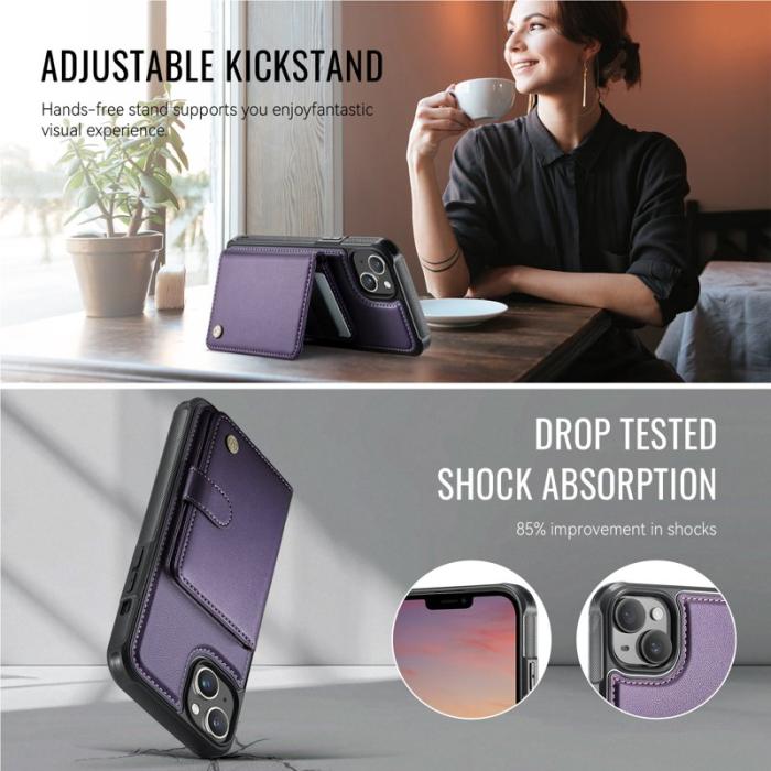 JEEHOOD - JEEHOOD J09 Mobilskal till iPhone 14 RFID Låsfunktion Läder Lila