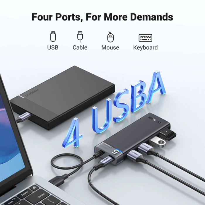 Ugreen - Ugreen CM653 HUB med 4 USB-A-Portar Och USB-A-Strömkabel - Svart