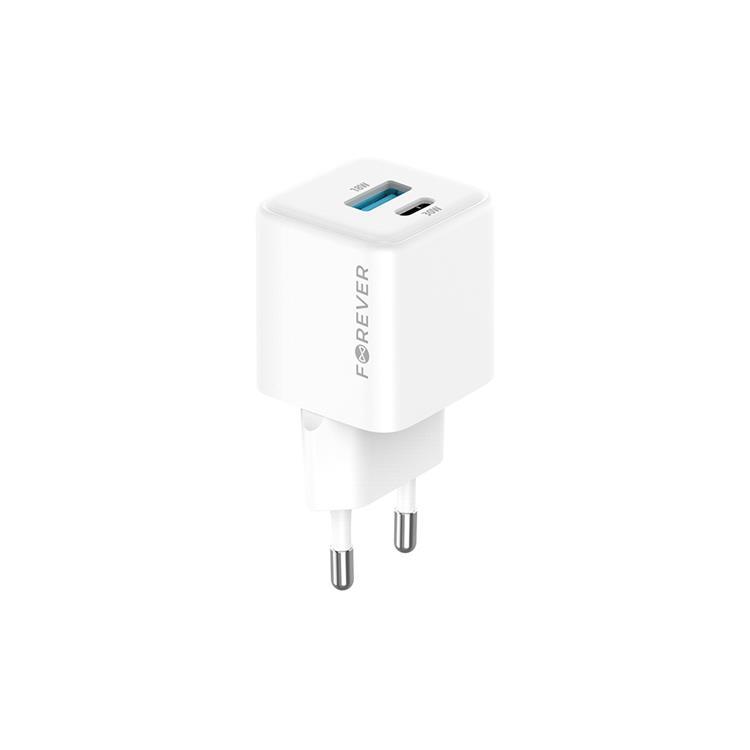 Forever Snabbladdare USB-A - USB-C 30W GaN PD QC - Vit | 505295 | AlltMobil