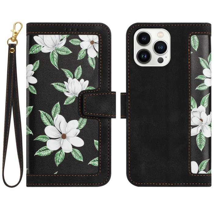A-One Brand - iPhone 15 Pro Max Plånboksfodral Flower Pattern - Svart