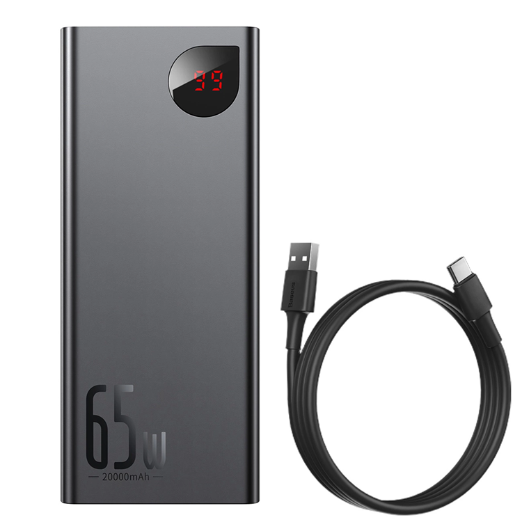 Baseus Powerbank 20000 mAh 65W Med USB-C Kabel Adaman Metal - Svart | 505295 | AlltMobil
