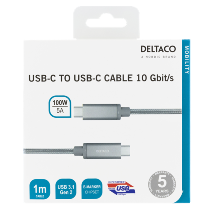 UTGATT1 - Deltaco Super USB-C till USB-C Kabel 100W 1m - Silver