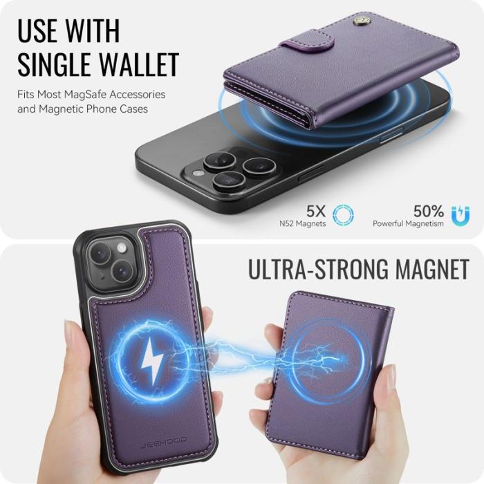 JEEHOOD - JEEHOOD J09 Mobilskal till iPhone 14 RFID Låsfunktion Läder Lila