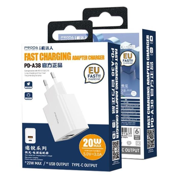 UTGATT5 - Proda Snabbladdare USB & USB-C, PD, 3A, 20W