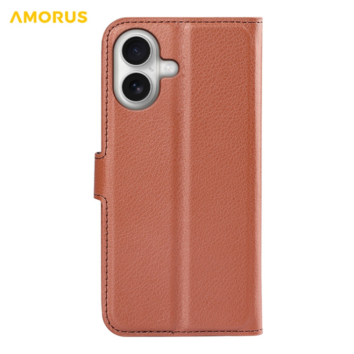 Amorus - AMORUS iPhone 17 Plånboksfodral Flipstativ Litchi - Brun