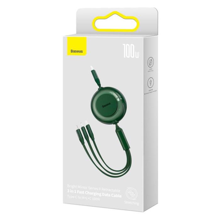 UTGATT - Baseus Retractable 3in1 microUSB Typ-C Lightning Kabel 1.1m - Grön