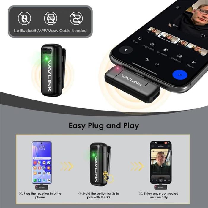 WAVLINK - WAVLINK Trådlös Lavaliermikrofon för iPhone 16-12 WS-WAJ606C1 - Svart
