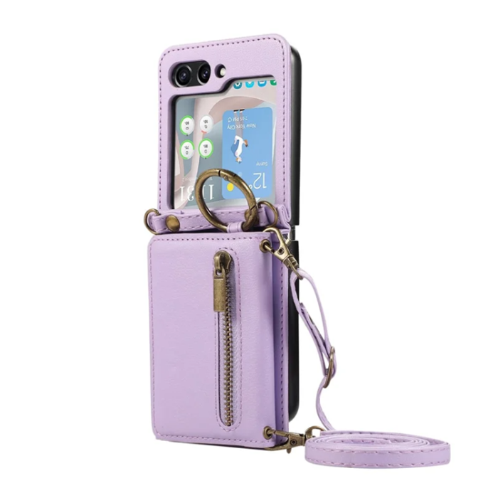 A-One Brand - Galaxy Z Flip7 Plånboksfodral Zipper Kickstand med Axelrem - Lila