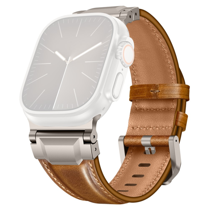 A-One Brand - Apple Watch (42/44/45/46/49mm) Armband Cowhide Läder - Brun/Titanium