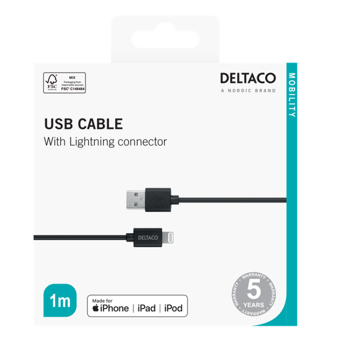 UTGATT1 - Deltaco USB-A Till Lightning Kabel 1m - Svart