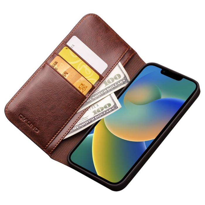 QIALINO - Qialino iPhone 14 Plånboksfodral Äkta Läder Cowhide - Brun