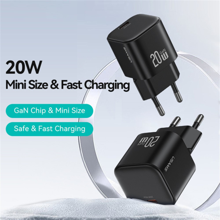 USAMS - USAMS GaN Snabbladdare USB-C 20W CC260 Mini EU - Svart