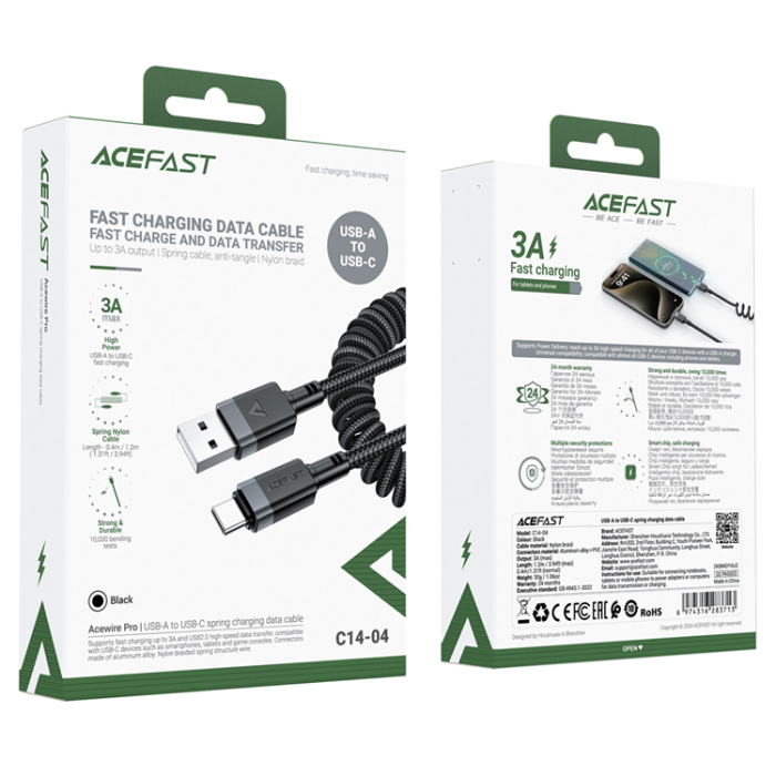Acefast - Acefast USB-A - USB-C 3A Kabel 1.2m Spring 480Mb/s - Svart