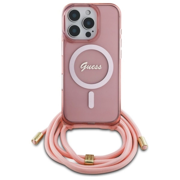 Guess iPhone 16 Pro Mobilskal MagSafe Crossbody Cord Script - Rosa | 2353 | AlltMobil