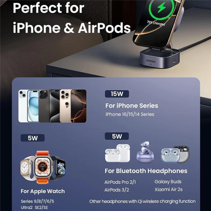 Ugreen - Ugreen Qi2 MagSafe Trådlös Laddare iPhone, Airpods 15W