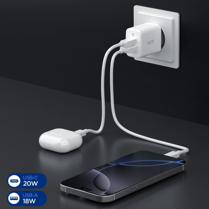 Spigen - Spigen 2-Port Nätverk Laddare 20W ESSENTIAL EE202EU - Vit