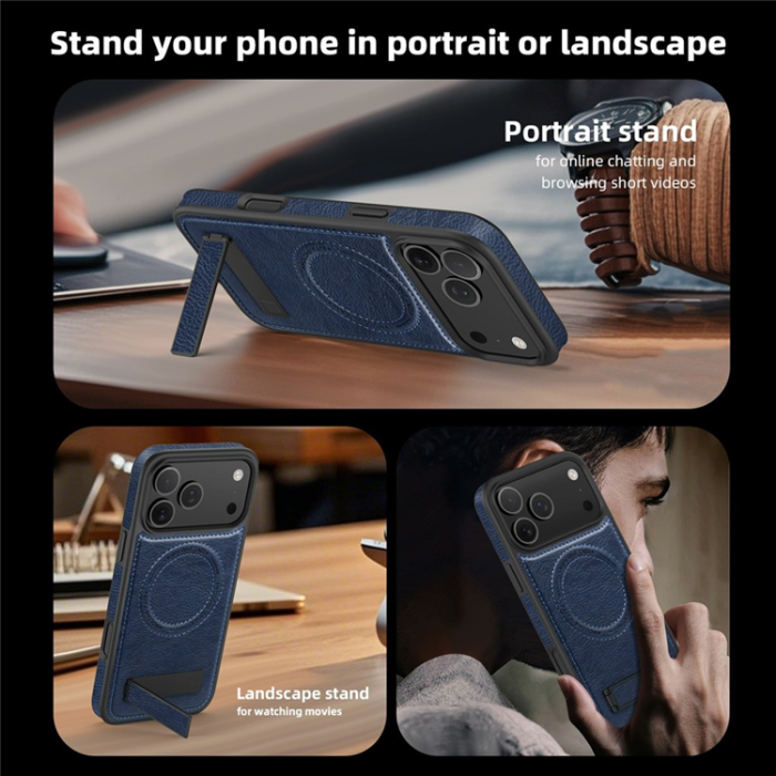 A-One Brand - iPhone 17 Pro Mobilskal MagSafe Kickstand Läder - Sapphire