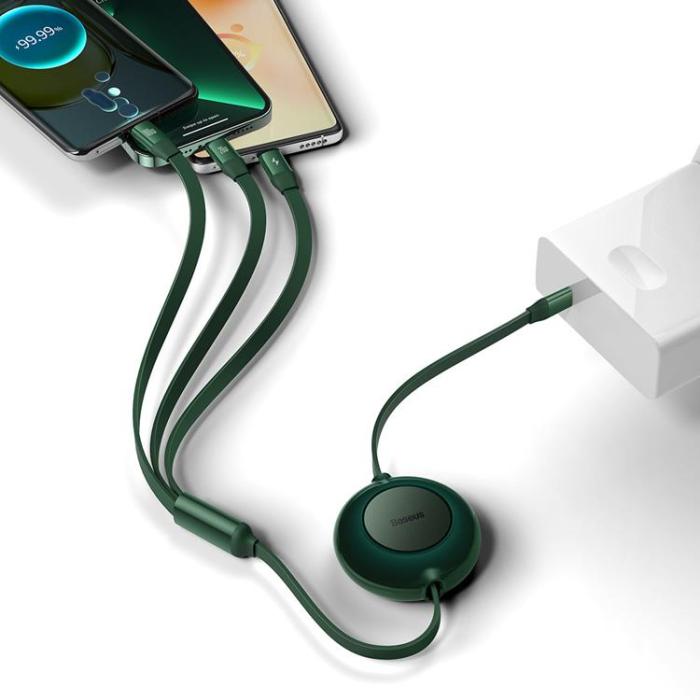 UTGATT - Baseus Retractable 3in1 microUSB Typ-C Lightning Kabel 1.1m - Grön