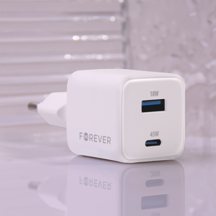 Forever - Forever Snabbladdare USB-A - USB-C 45W GaN PD QC - Vit