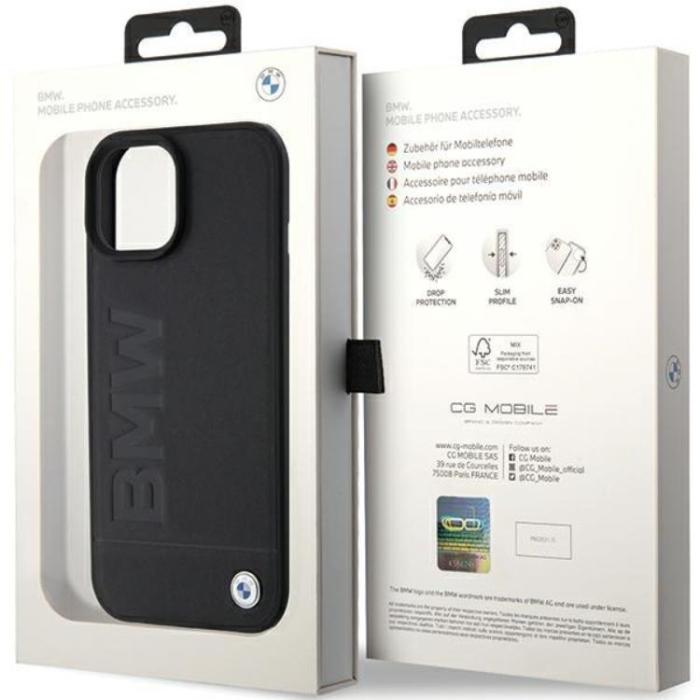 BMW - BMW iPhone 15 Mobilskal Läder Hot Stamp - Svart