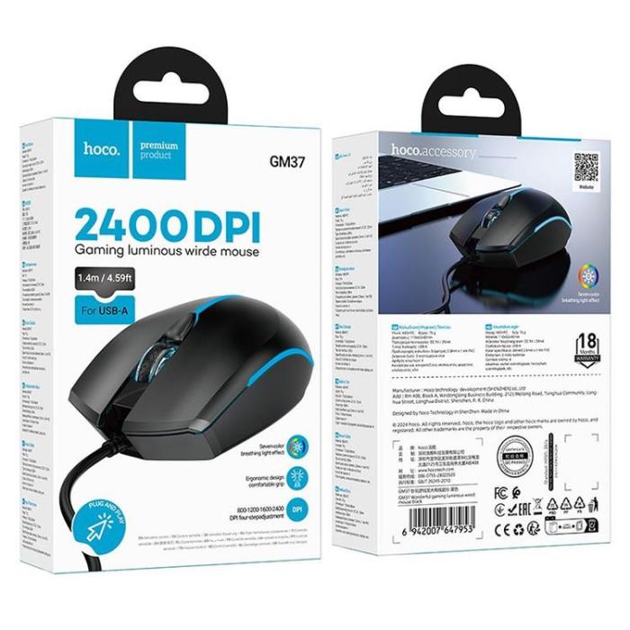 Hoco - Hoco Trådbunden Mus USB-A 2400 Dpi GM37 - Svart