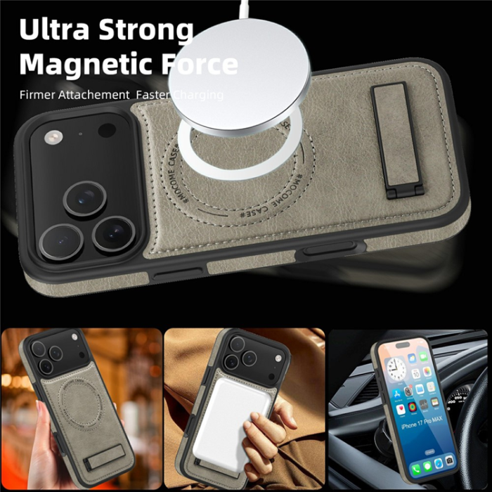 A-One Brand - iPhone 17 Pro Max Mobilskal MagSafe Kickstand Läder - Titan Grå