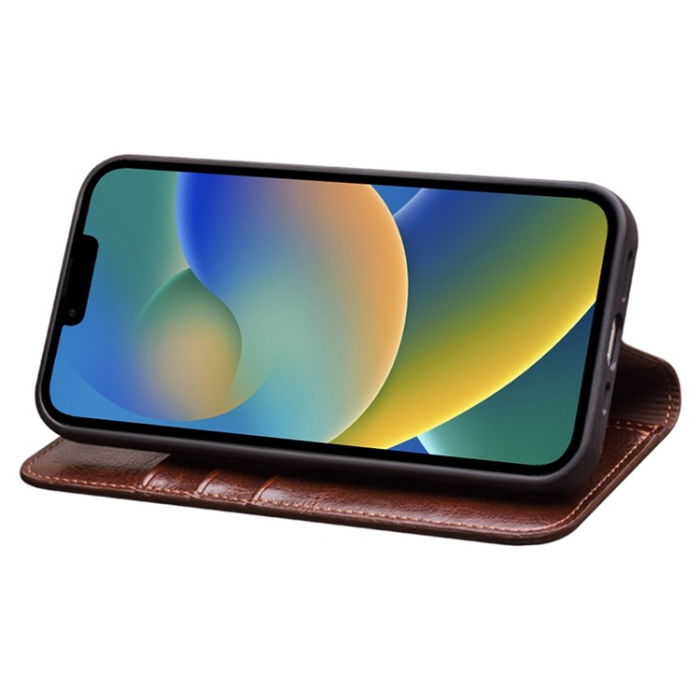 QIALINO - Qialino iPhone 14 Plånboksfodral Äkta Läder Cowhide - Brun